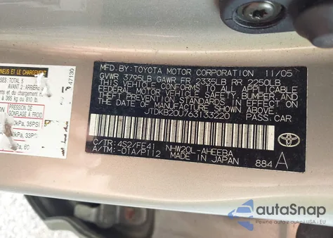 2006 Toyota Prius z USA, uszkodzony, nr VIN JTDKB20U763133220